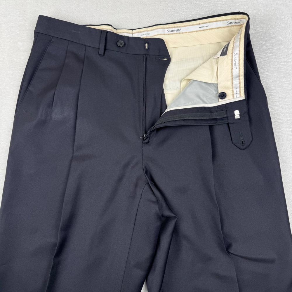 Santorelli Luxury Serge Dress Pants Mens 35 Navy Blue Pleated Wool Como 2 Italy
